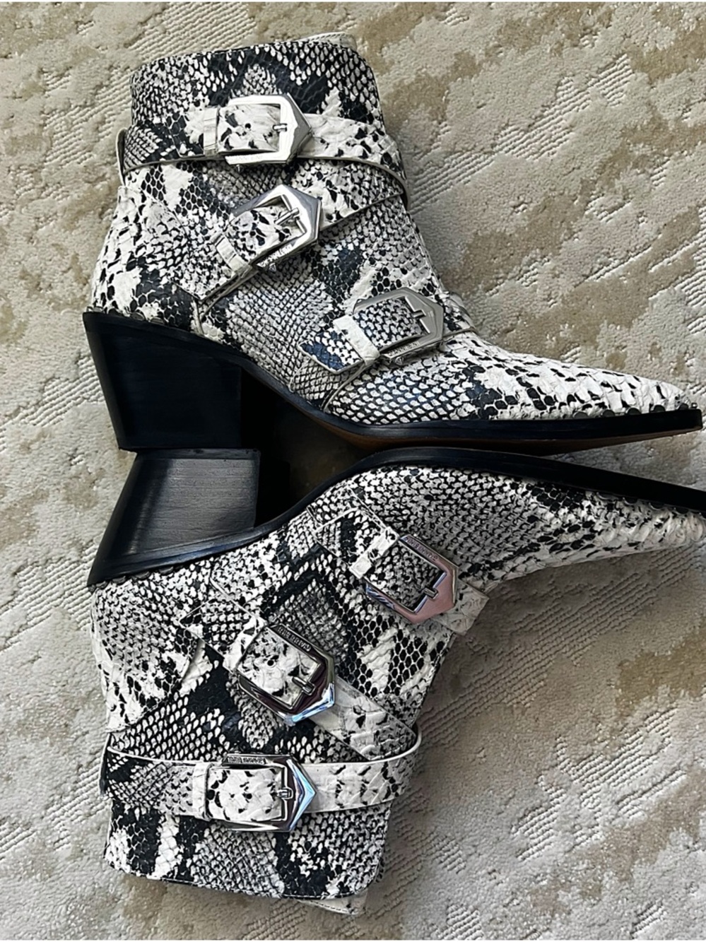 Gianni Bini Black and White Snake-Print Buckle Ankle Boots